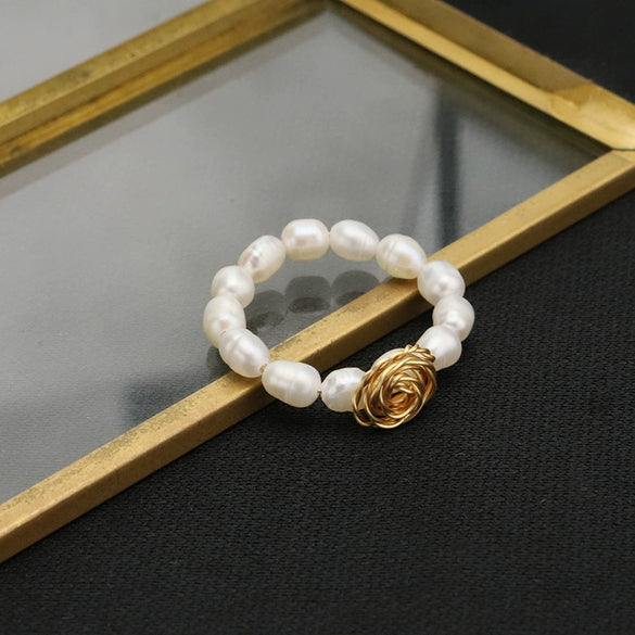Wholesale Natural Freshwater Pearl Ring Retro Geometric Style Electroplated