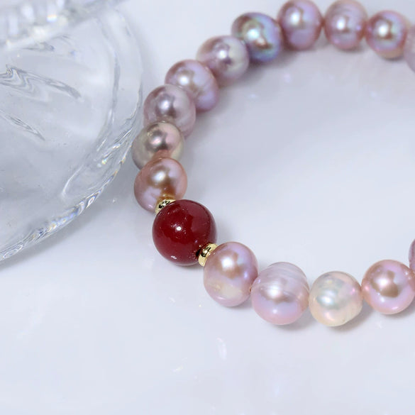 Wholesale Natural Freshwater Purple Pearl And Red Cinnabar Handmade Geometric Unisex Bracelet