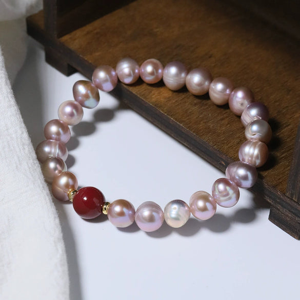Wholesale Natural Freshwater Purple Pearl And Red Cinnabar Handmade Geometric Unisex Bracelet