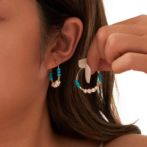 Wholesale Natural Gem Series Turquoise Freshwater Pearl S925 Sterling Silver Electroplated Minimalist Women's Earrings