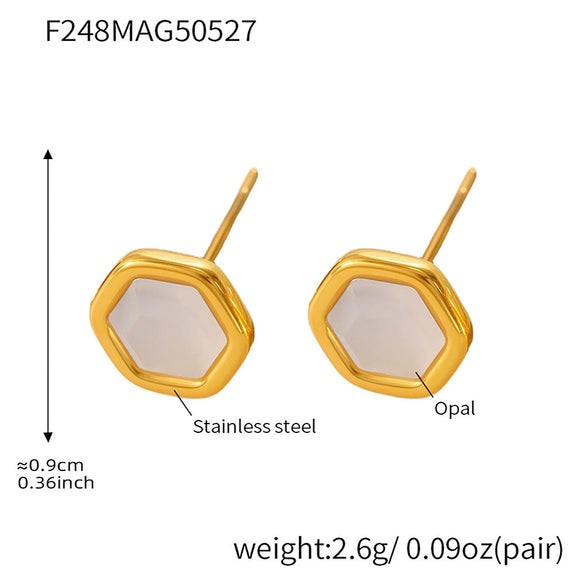 Wholesale Natural Opal Faceted Hexagonal Geometric Earrings For Women Stainless Steel 18K Gold Plated