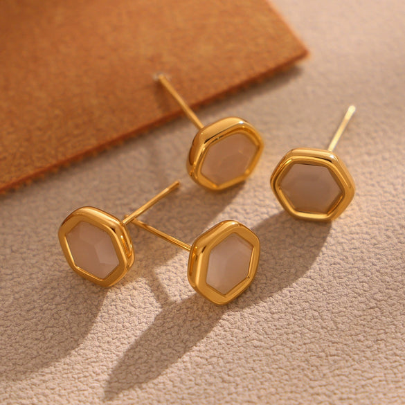 Wholesale Natural Opal Faceted Hexagonal Geometric Earrings For Women Stainless Steel 18K Gold Plated