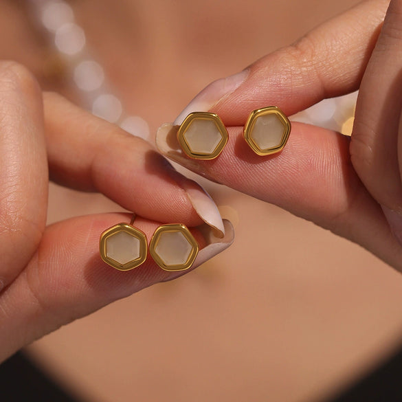 Wholesale Natural Opal Faceted Hexagonal Geometric Earrings For Women Stainless Steel 18K Gold Plated