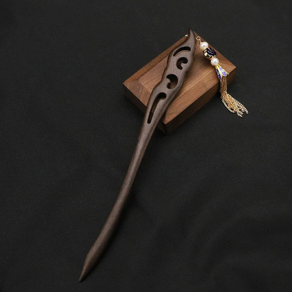 Wholesale Natural Pearl And Ebony Solid Wood Hairpin With Flower Pattern In Antique Style