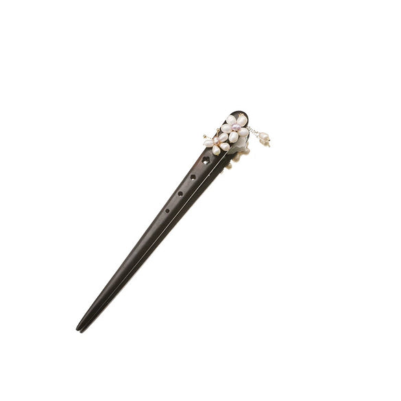 Wholesale Natural Pearl And Ebony Solid Wood Hairpin With Flower Pattern In Antique Style