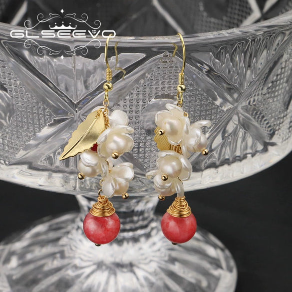 Wholesale Natural Pearl Earrings Baroque Flower Geometric Style With Watermelon Red Crystal Single Bead Electroplated For Women