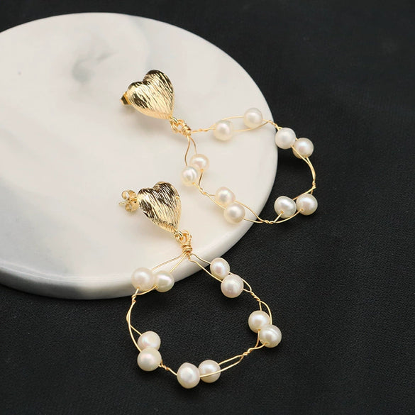 Wholesale Natural Pearl Earrings Handmade Real Gold Electroplated Geometric Style