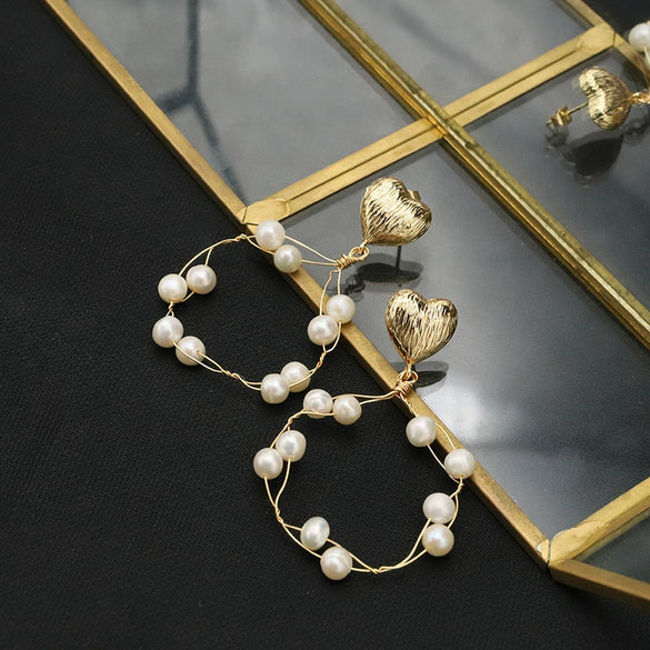 Wholesale Natural Pearl Earrings Handmade Real Gold Electroplated Geometric Style