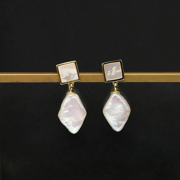 Wholesale Natural Pearl Earrings Sterling Silver Rhombus Baroque Retro Exaggerated Geometric Electroplated Highquality Jewelry For Women