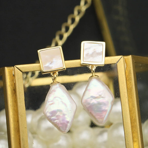 Wholesale Natural Pearl Earrings Sterling Silver Rhombus Baroque Retro Exaggerated Geometric Electroplated Highquality Jewelry For Women