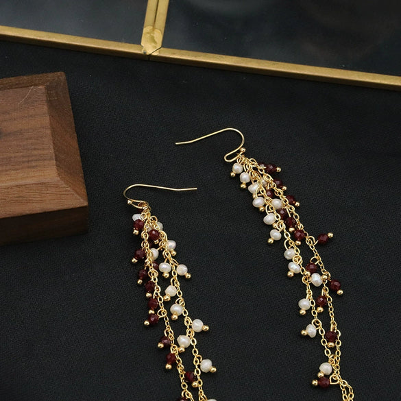 Wholesale Natural Pearl Tassel Long Earrings For Women With Geometric Design And 18K Gold Color Electroplating