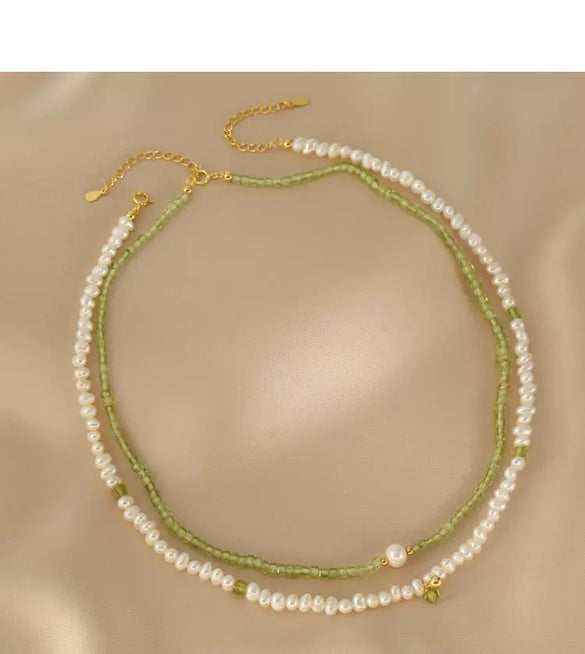 Wholesale Natural Peridot Freshwater Pearl Necklace Handmade Geometric Double Layer Clavicle Chain For Women