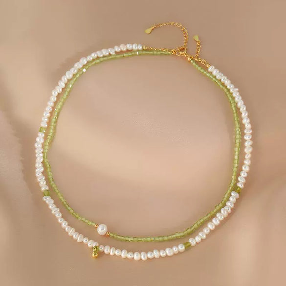 Wholesale Natural Peridot Freshwater Pearl Necklace Handmade Geometric Double Layer Clavicle Chain For Women