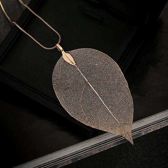 Wholesale Natural Real Leaf Specimens Alloy Goldplated Long Necklace With Original Snake Chain