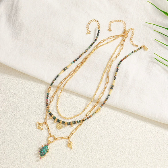 Wholesale Natural Stone And Copper Beaded Necklace Light Luxury Geometric Handmade Ochain Clavicle Chain