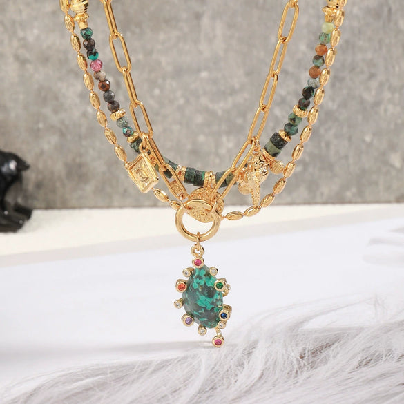 Wholesale Natural Stone And Copper Beaded Necklace Light Luxury Geometric Handmade Ochain Clavicle Chain