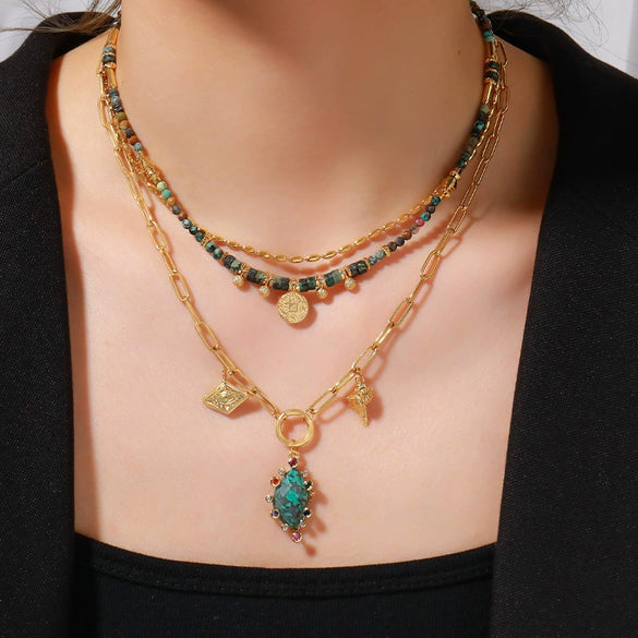 Wholesale Natural Stone And Copper Beaded Necklace Light Luxury Geometric Handmade Ochain Clavicle Chain