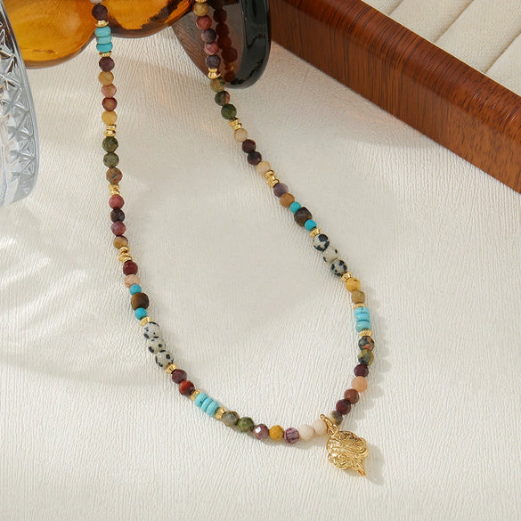 Wholesale Natural Stone And Copper Owl Pendant Beaded Necklace Handmade Geometric Style Unisex