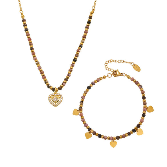 Wholesale Natural Stone And Gold Beads Love Necklace And Bracelet With Electroplating For Women