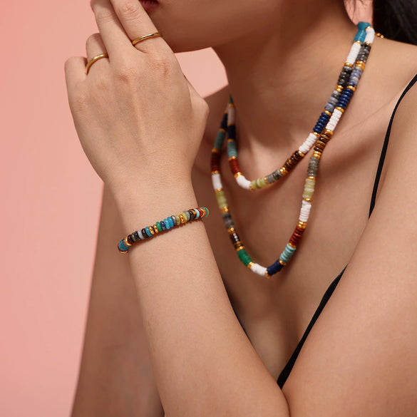 Wholesale Natural Stone And Stainless Steel Abacus Bead Necklace And Bracelet Retro Dopamine Style Handmade With Electroplating