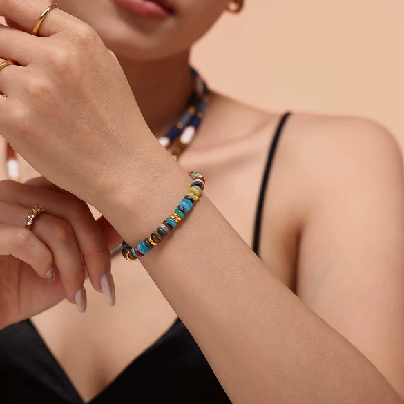 Wholesale Natural Stone And Stainless Steel Abacus Bead Necklace And Bracelet Retro Dopamine Style Handmade With Electroplating