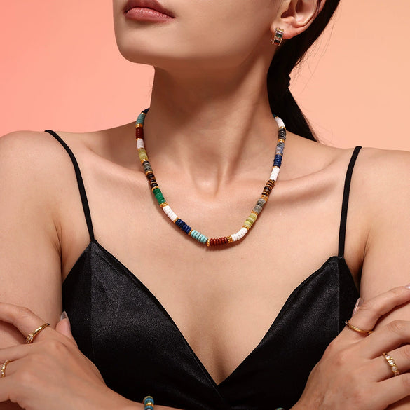 Wholesale Natural Stone And Stainless Steel Abacus Bead Necklace And Bracelet Retro Dopamine Style Handmade With Electroplating