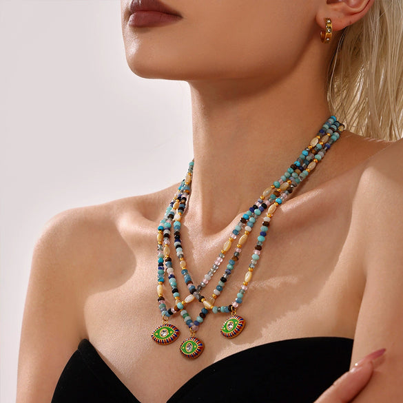 Wholesale Natural Stone And 316L Stainless Steel Beaded Necklace With Devil's Eye Enamel Glaze Zircon Pendant Geometric Pattern Electroplated