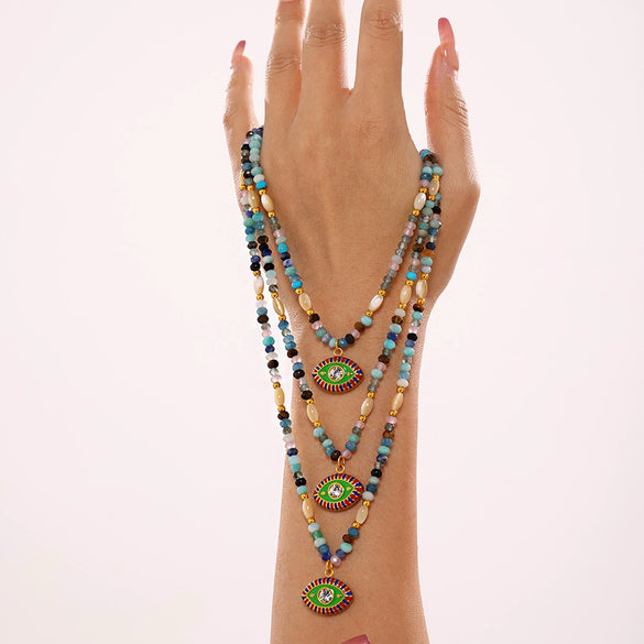 Wholesale Natural Stone And 316L Stainless Steel Beaded Necklace With Devil's Eye Enamel Glaze Zircon Pendant Geometric Pattern Electroplated