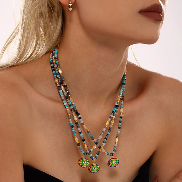 Wholesale Natural Stone And 316L Stainless Steel Beaded Necklace With Devil's Eye Enamel Glaze Zircon Pendant Geometric Pattern Electroplated
