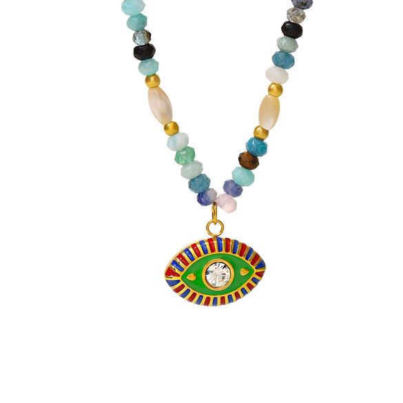 Wholesale Natural Stone And 316L Stainless Steel Beaded Necklace With Devil's Eye Enamel Glaze Zircon Pendant Geometric Pattern Electroplated