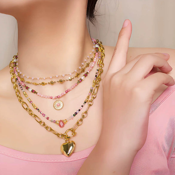 Wholesale Natural Stone And Stainless Steel Beaded Necklace With Geometric Pendant Handmade For Women