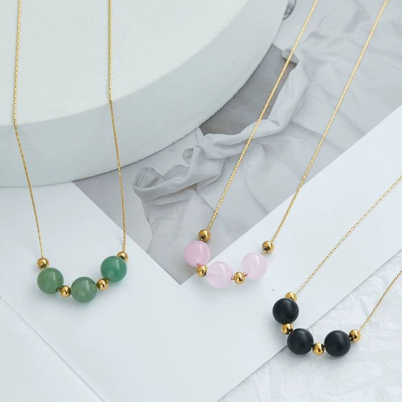 Wholesale Natural Stone Bead Pendant Necklace Titanium Steel Snake Bone Chain Geometric Style 18K Gold Plated