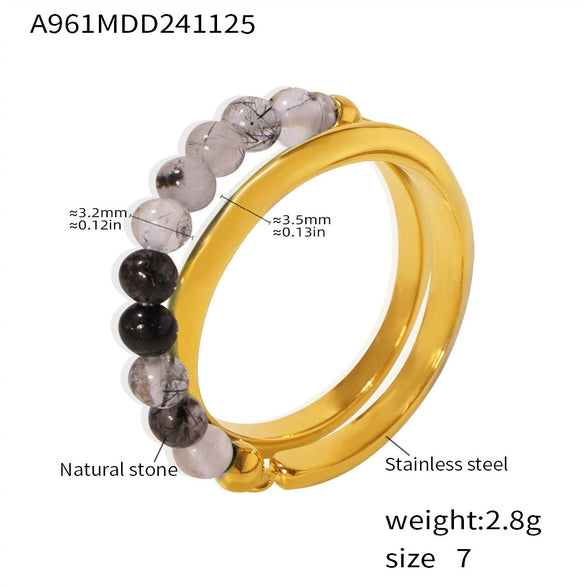 Wholesale Natural Stone Beaded Double Layer Ring Stainless Steel With 18K True Gold Plated Geometric Style Electroplated
