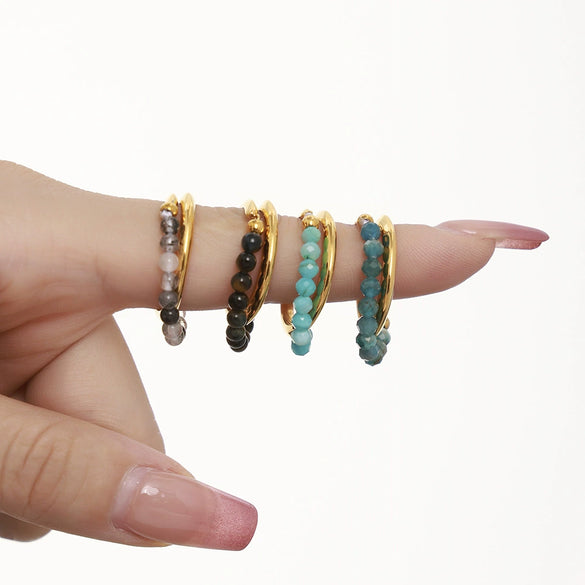 Wholesale Natural Stone Beaded Double Layer Ring Stainless Steel With 18K True Gold Plated Geometric Style Electroplated