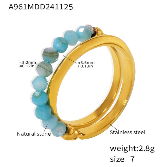 Wholesale Natural Stone Beaded Double Layer Ring Stainless Steel With 18K True Gold Plated Geometric Style Electroplated