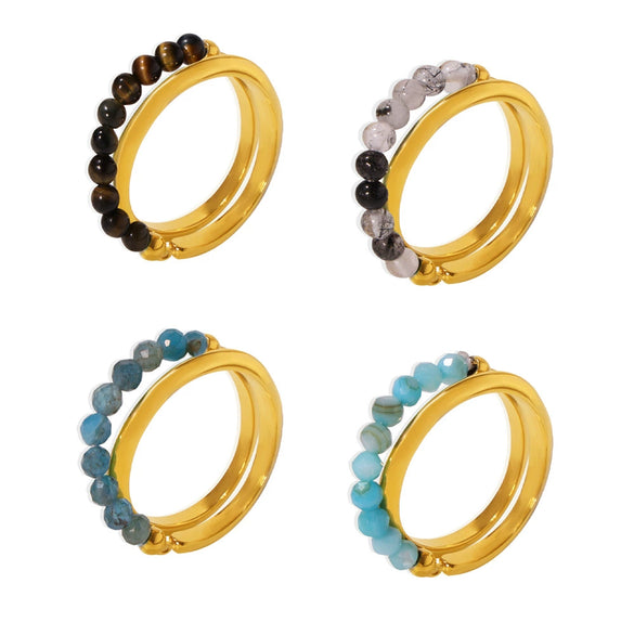 Wholesale Natural Stone Beaded Double Layer Ring Stainless Steel With 18K True Gold Plated Geometric Style Electroplated
