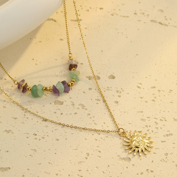 Wholesale Natural Stone Beaded Necklace Stainless Steel Geometric Pendant Electroplated Fashion For Women