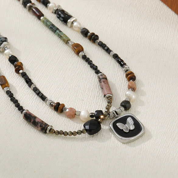 Wholesale Natural Stone Beaded Necklace With Butterfly Pendant Geometric Pattern Handmade