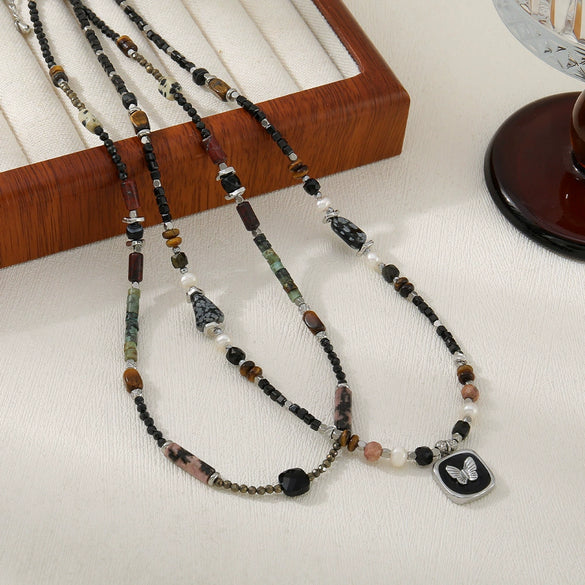 Wholesale Natural Stone Beaded Necklace With Butterfly Pendant Geometric Pattern Handmade