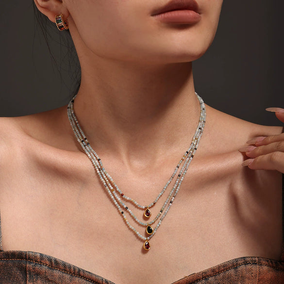 Wholesale Natural Stone Beaded Water Drop Zircon Pendant Necklace In Stainless Steel With Electroplating For Women Light Luxury And Geometric Style