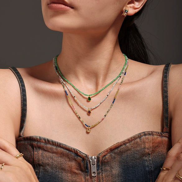 Wholesale Natural Stone Beaded Water Drop Zircon Pendant Necklace In Stainless Steel With Electroplating For Women Light Luxury And Geometric Style