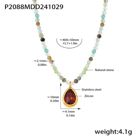 Wholesale Natural Stone Beaded Water Drop Zircon Pendant Necklace In Stainless Steel With Electroplating For Women Light Luxury And Geometric Style