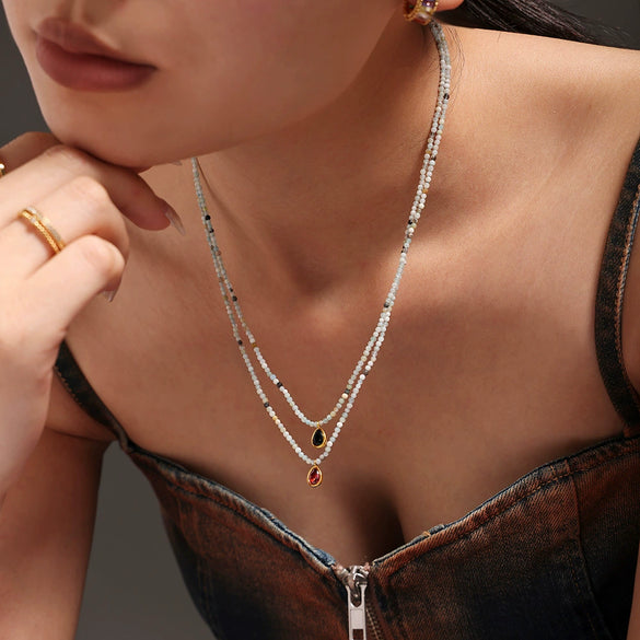 Wholesale Natural Stone Beaded Water Drop Zircon Pendant Necklace In Stainless Steel With Electroplating For Women Light Luxury And Geometric Style