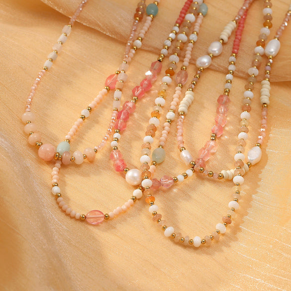 Wholesale Natural Stone Handbeaded Stainless Steel Necklace With Freshwater Pearl Pendant And Electroplating Treatment For Women Fashionable Light Luxury Style