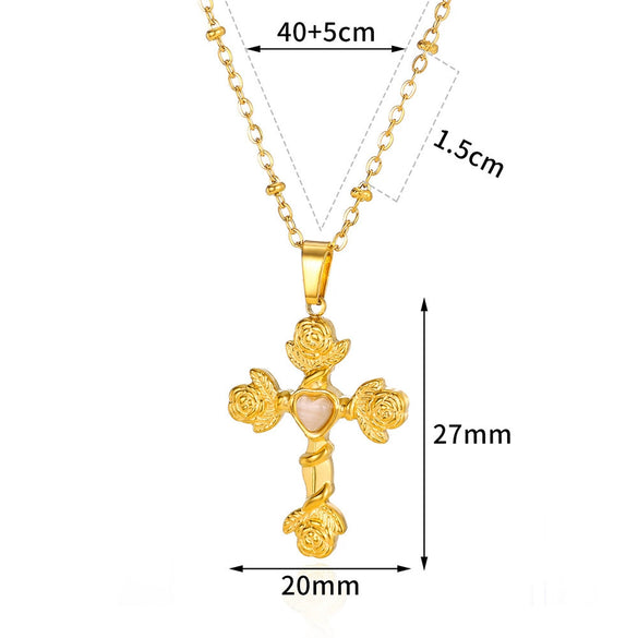 Wholesale Natural Stone Inlaid Stainless Steel Cross Necklace Unisex Electroplated