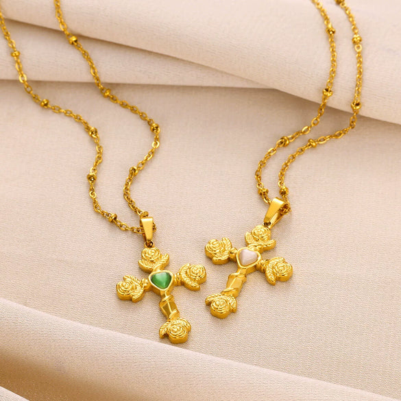 Wholesale Natural Stone Inlaid Stainless Steel Cross Necklace Unisex Electroplated