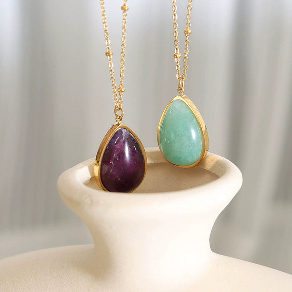 Wholesale Natural Stone Oval Dropshaped Pendant Clavicle Necklace 316L Stainless Steel Goldplated