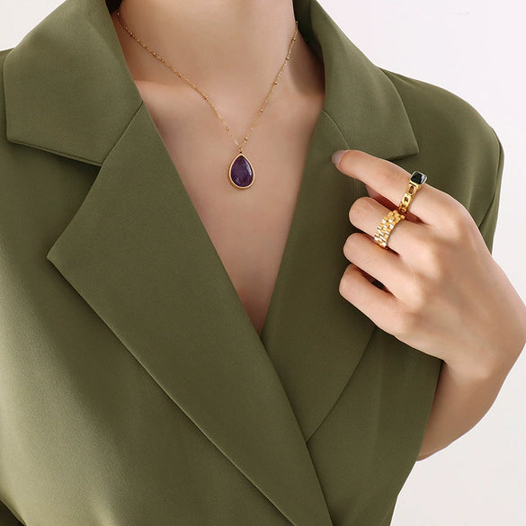 Wholesale Natural Stone Oval Dropshaped Pendant Clavicle Necklace 316L Stainless Steel Goldplated