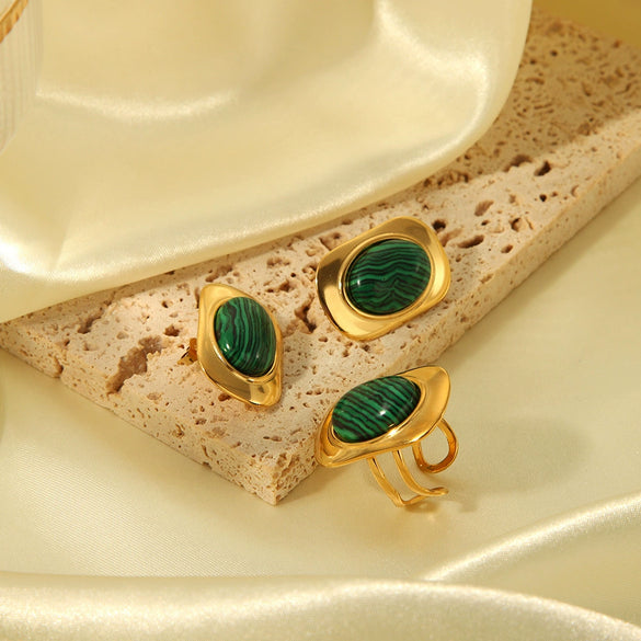 Wholesale Natural Stone Stainless Steel Earrings And Malachite Ring Jewelry Set With Geometric Pattern And Vacuum Real Gold Electroplating