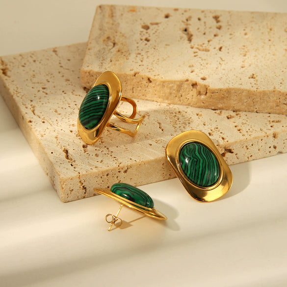 Wholesale Natural Stone Stainless Steel Earrings And Malachite Ring Jewelry Set With Geometric Pattern And Vacuum Real Gold Electroplating